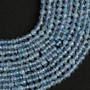 Natural Aquamarine Gemstone Round Micro Faceted Beads String 15.5 Inches Long 2/3/4/6 MM for Jewelry Making and Crafting - AS & JG