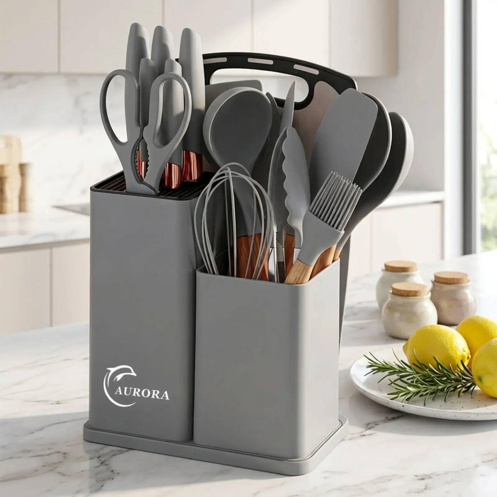19-Piece Non-Stick Cooking Pot Set with Heat-Resistant Silicone Cutlery, Wooden Handles, Lightweight Portable Knives Kitchen Set & Rectangular Holder - Multi-Use Easy-to-Clean Tools, Affordable Cookware Ideal Gift for Women on New Year, Valentine's Day