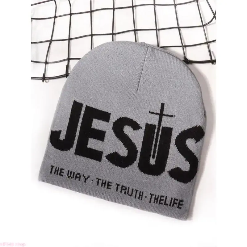 Unisex Y2K Letter Jacquard Knit Beanie Hat, One Size Fits All With Cross & Heart Printed Pattern, Soft Stretchy Heat Retention Warm Winter Cap, Trendy Streetwear Headwear For Cold Weather Daily Outfits And Outdoor Sports homedecor