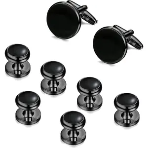 FINREZIO 4 Pairs Black Classic Stainless Steel Cuff Links for Men Women Fashionable Cuff Links Studs Set for Suits Black Cufflinks Tuxedo Studs Buttons for Formal Kit Business Wedding Shirts