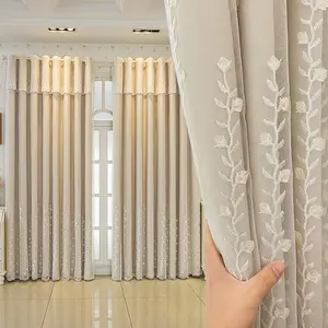 Nordic Simple Lace Embroidery Curtain Fabric, Double Layer Drapes for Bedroom Living Room, Full Light Blocking Finished Curtains