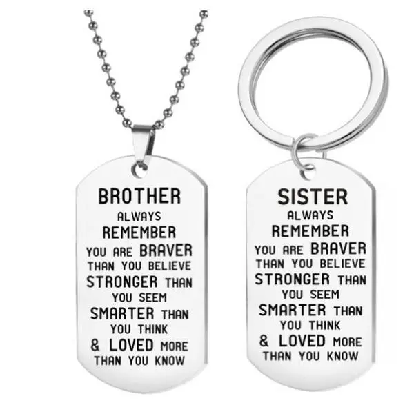 2-Piece Sibling Set: Stainless Steel Tag Pendant Necklace & Keychain with Engraved 'Braver Stronger Smarter' Quote, Inspirational Birthday Gift for Brother or Sister, Two Piece Set
