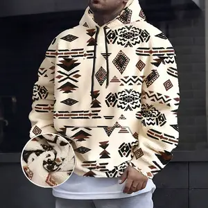 Men's Winter Ethnic Style Fleece Hoodie with Thickened Warmth Comfortable Cold-Resistant Hooded Jacket, Casual Loose Version, Suitable for Daily Outdoor Wear Crewneck Clothes Fall Streetwear Apricot