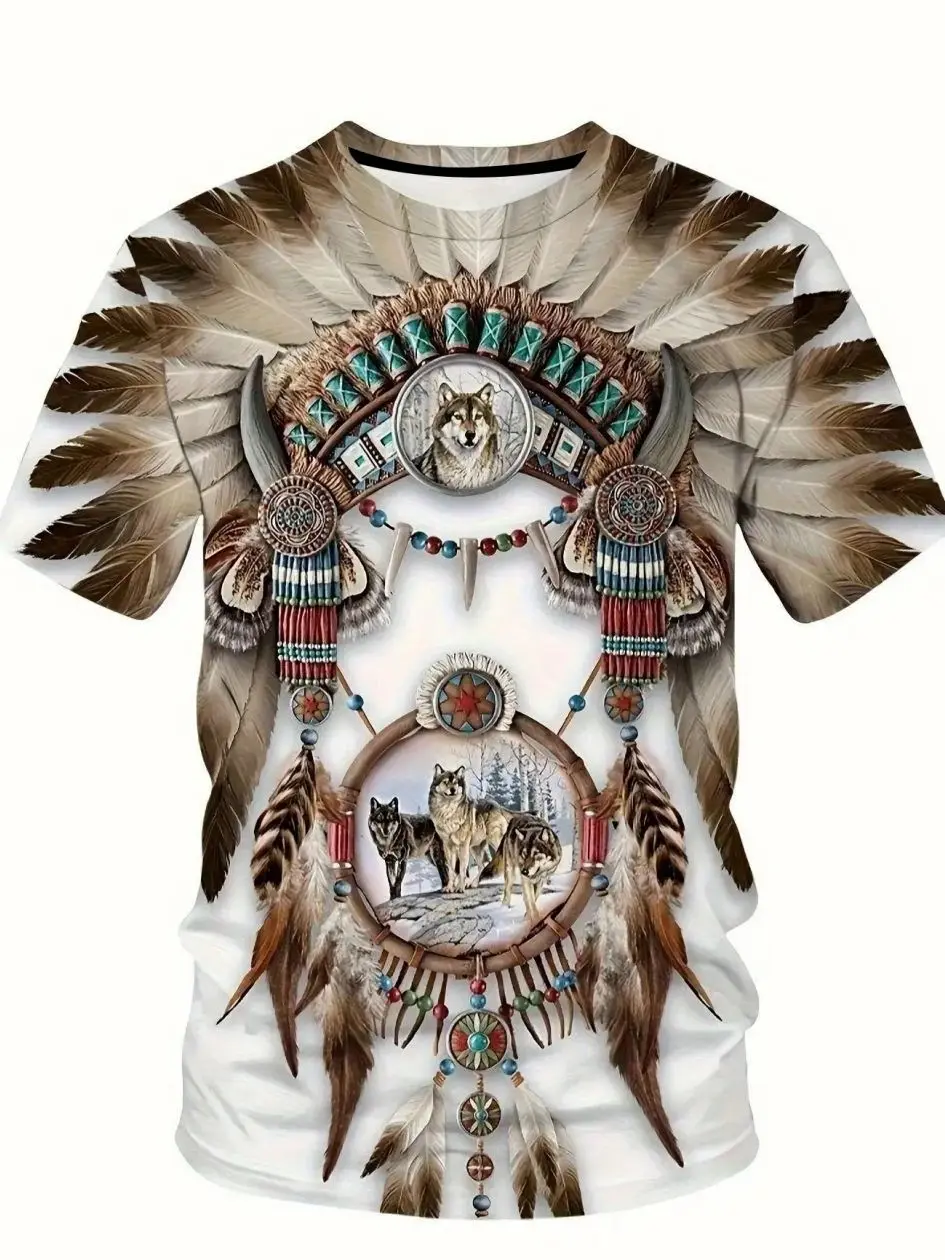 Native American Tribal Wolf T-Shirt, 3D Feather Graphic Streetwear, Breathable Summer Short Sleeve Casual Tee