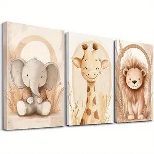 3-Piece Fun Wall Art Decor Set, Neutral Color Theme Paintings, African Animal Posters, Jungle Style Cartoon Wildlife Home Decoration