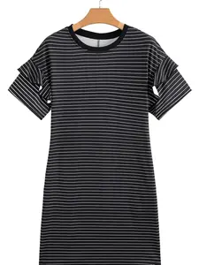 Women's Black Stripe Ruffled Short Sleeve Crew Neck Shift Mini Dress - 95% Polyester 5% Elastane Casual Short Sleeve Dress outdoorfun