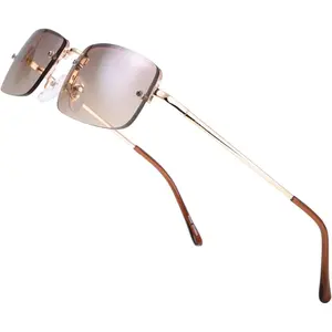 Minimalist Small Rectangular Sunglasses Clear Eyewear Spring Hinge -  Box Package (201-, Gradient Brown, 51)