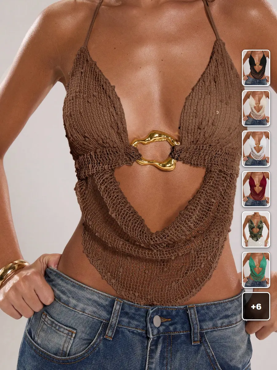 Crochet Halter Top Tie Back Bohemian Ruched Beach Vacation Summer Going Out