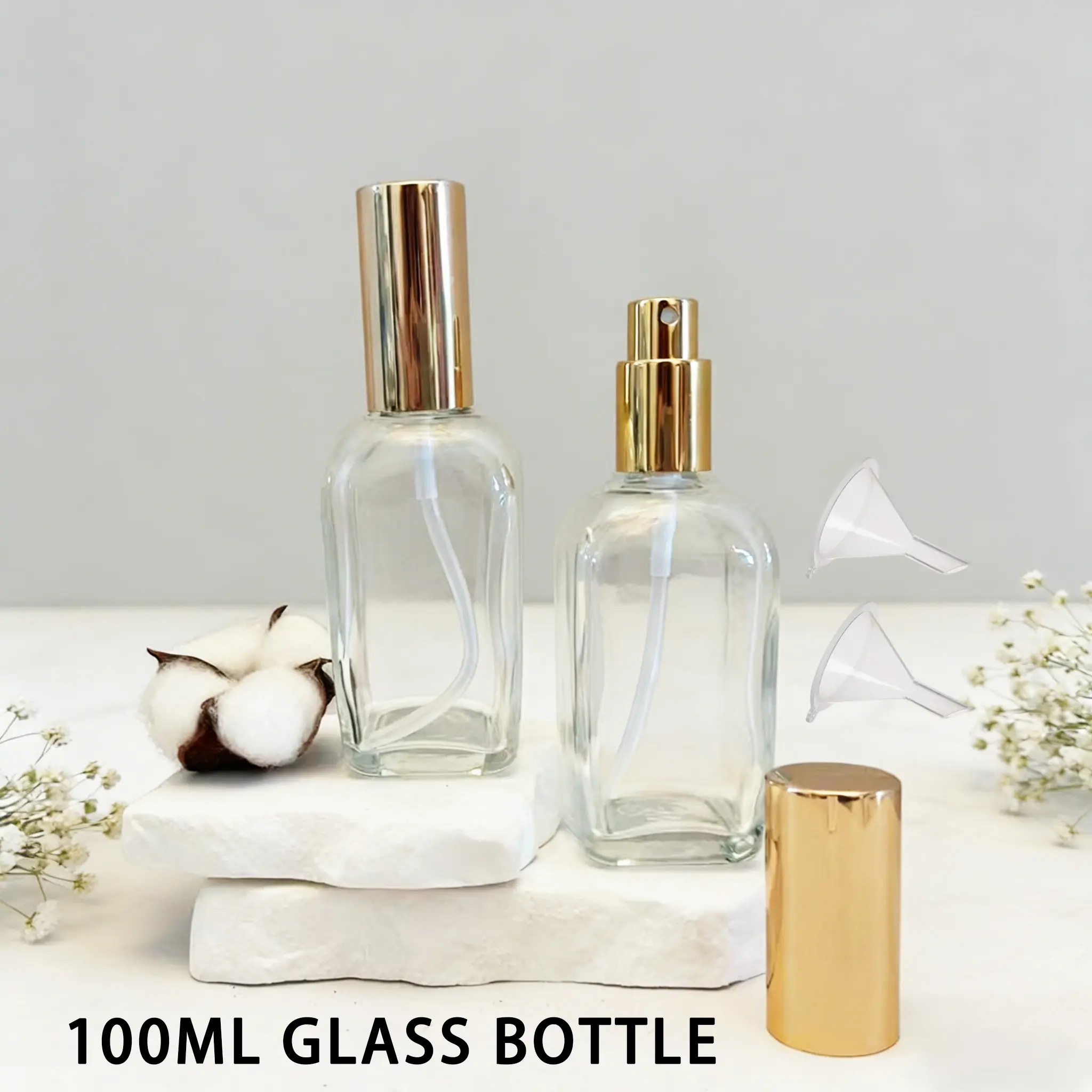 2pcs 100ML Refillable Transparent Glass Spray Bottles, Sprayers & Caps, Funnel Included, for Toner, Makeup Remover, Essential Oil, Clear Glass Bottles