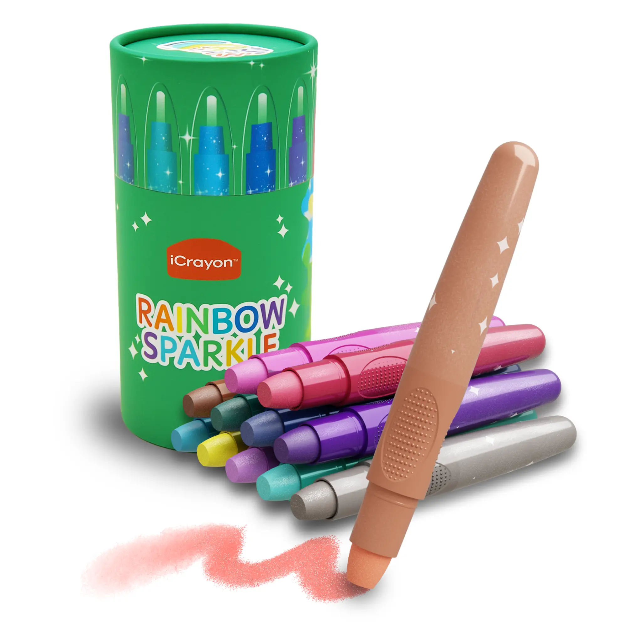 iCrayon Rainbow Sparkle Glitter Twistable Crayons for Toddlers - 12 Vibrant Metallic Gel Crayons for Kids, Washable, Non-Toxic, Easy Twist-Up Design, Perfect for Doodling & Drawing