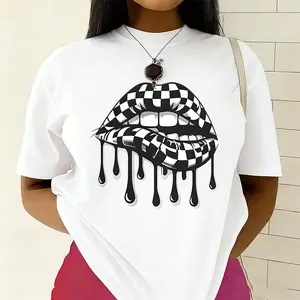 Black & White Checkered Lips Drip Print T-shirt Edgy Street Style Casual Top 100% Cotton Unisex Classic Fit Womenswear