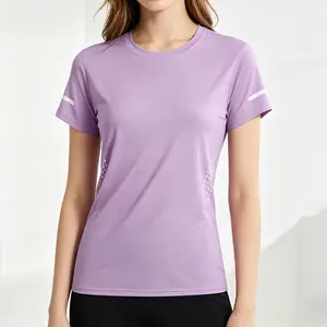 New women’s quick-dry sports T-shirt with reflective stripes, breathable athletic top, lightweight for running, fitness, and yoga