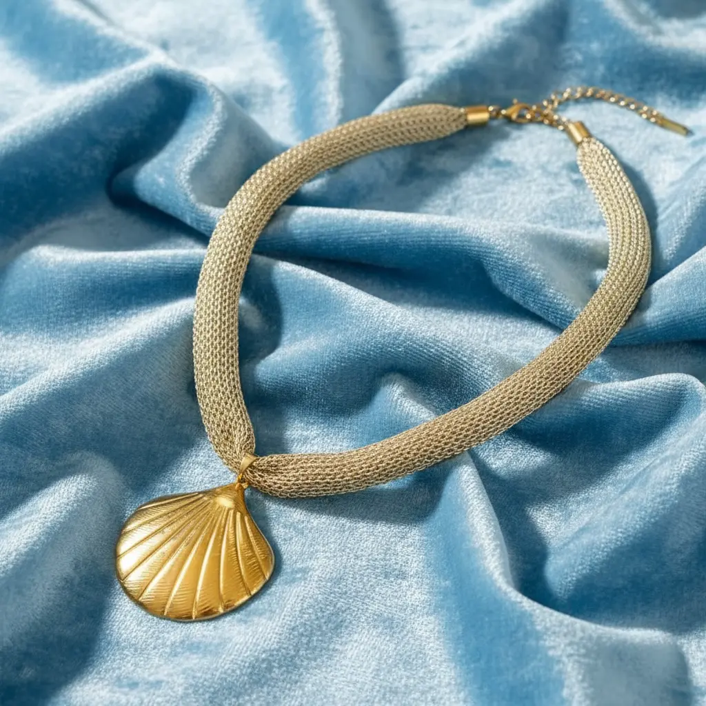 Isla Necklace • Fabric Mesh Chain with Seashell Pendant • 18K Gold Plated Stainless Steel • Waterproof & Non Tarnish Jewelry • Gift for Her