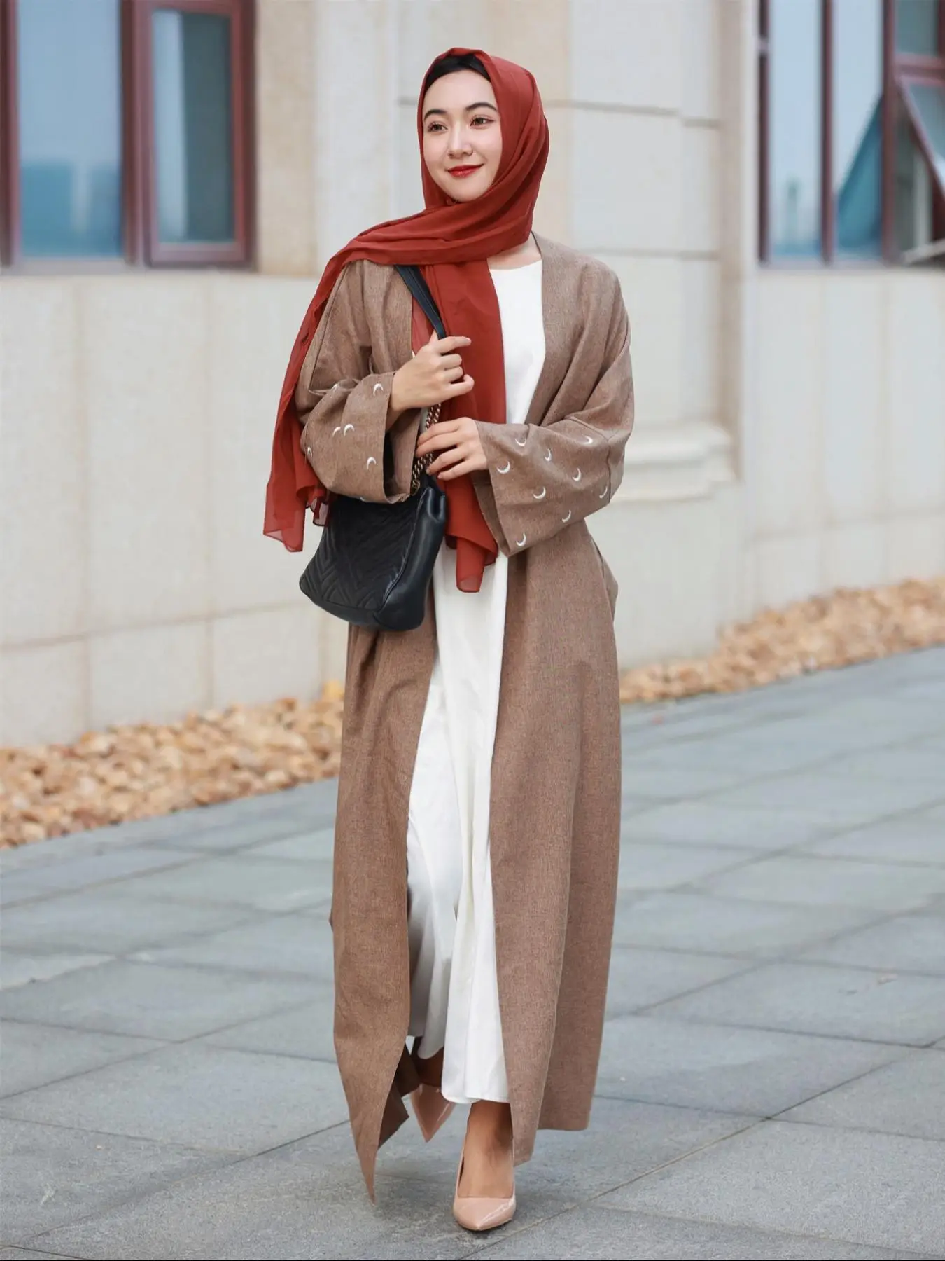 Women's Plain Moon Embroidery Long Sleeve Abaya, Casual Open Front Long Outwear for Daily Wear, Ladies Islamic Clothing for All Seasons