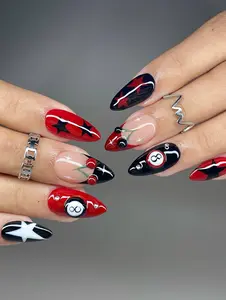 AngieNails – Rockabilly Star Pool Press On Nails | Red Black Cherry Nail Art | Retro Billiard 8 Ball Press Ons | Handmade Edgy Stiletto Nails – AN412