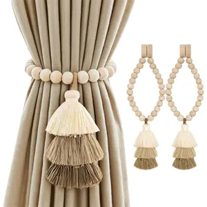 Magnetic Curtain Tiebacks with Wood Beads, Boho Rope Drapery Holdbacks with Triple Tassels, No Drill Curtain Holders for Farmhouse Bedroom, Living Room or Nursery, 2 Pack, Beige Taupe Brown