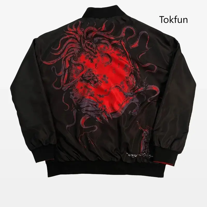 Men's Blood Reversible Bomber Hoodie - Menswear Casual Jacket Coat, Long Sleeve, Regular Fit Outerwear, Zippered, Warm Chic Varsity Graphic Jackets