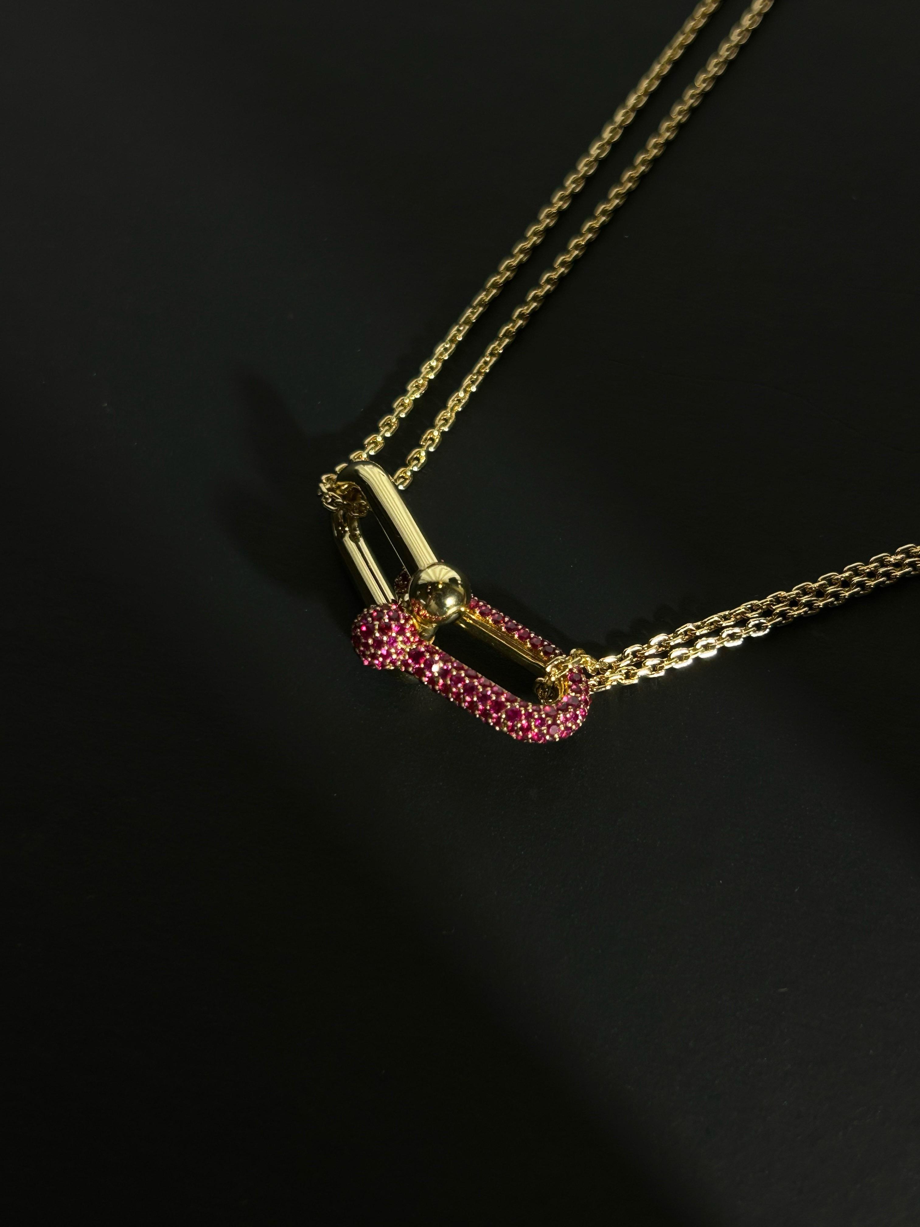 Pre-owned Tiffany & Co. Hardwear 18K Yellow Gold Large Double Chain Link Pendant Necklace with 1.44ct Rubies, 16.93" Chain, Limited Edition of 150 Worldwide