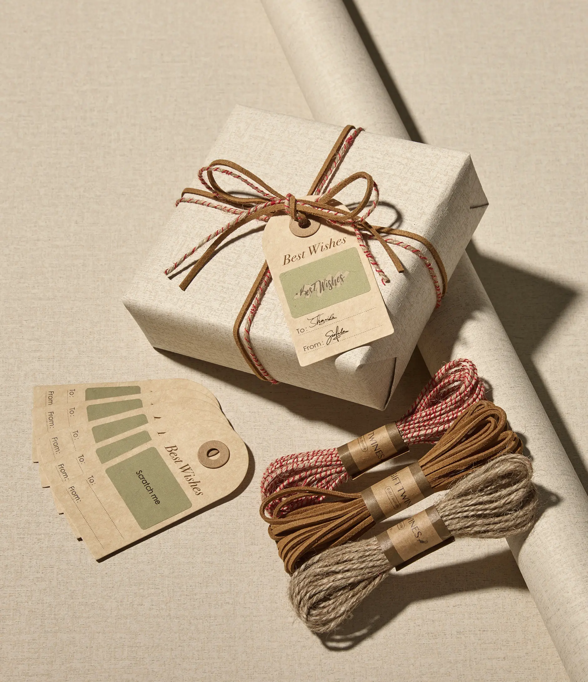 Vitalizart 1 Set Textured Kraft Wrapping Paper Kit - Extra Thick Neutral, 17 Inch, Twine Ribbon, 6 Scratch-Off Gift Tags, for All Ages Any Occasion (Birthday, Wedding) Premium Packaging,gifts for boyfriend