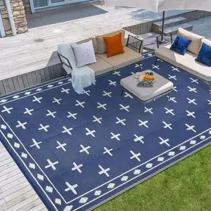 Large 9x18 Outdoor Area Rug, Waterproof Plastic Straw Mat with Framed Geometric Design for RV Awning, Patio, Deck, Garden, Camping, Beach and Backyard,Dark Blue