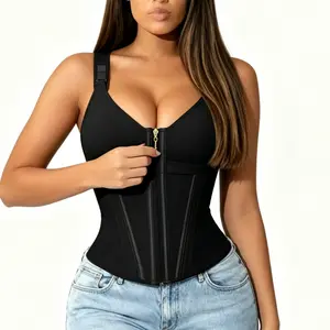 Women's Soft Basic Comfortable Fabric Tummy Control Faja Waist Trainer - Full Body Shapewear with 17 Steel Bones, Front Zipper, Adjustable Straps, Compression Tank Top, Strapless Push Bra, Ideal for Bridal Shower Fits summer shirts women