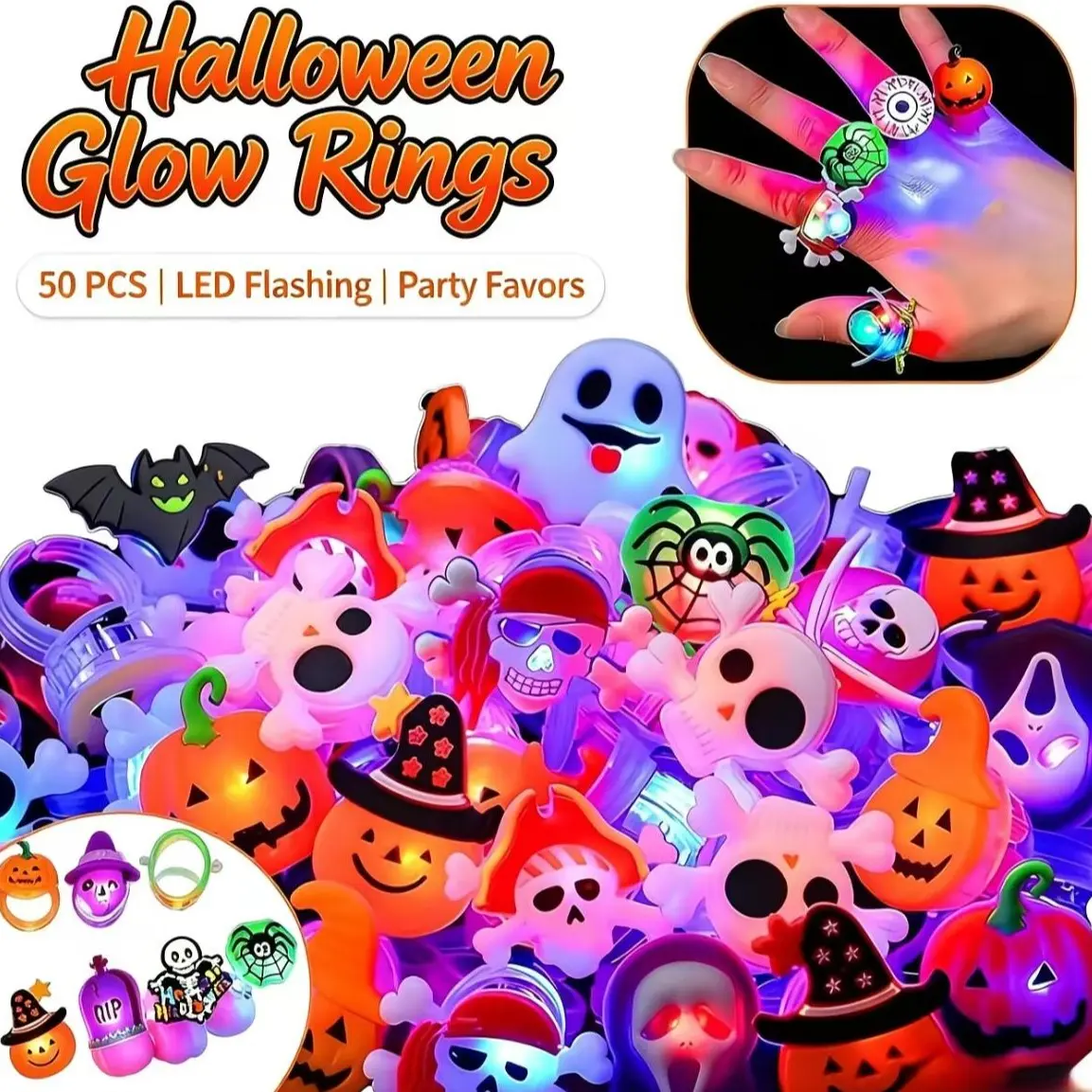 50-Pack Glow Halloween LED Flashing Rings - Pumpkin & Skull Party Favors for Kids, Halloween Goody Bag Fillers, Mini Spooky Festive Gifts