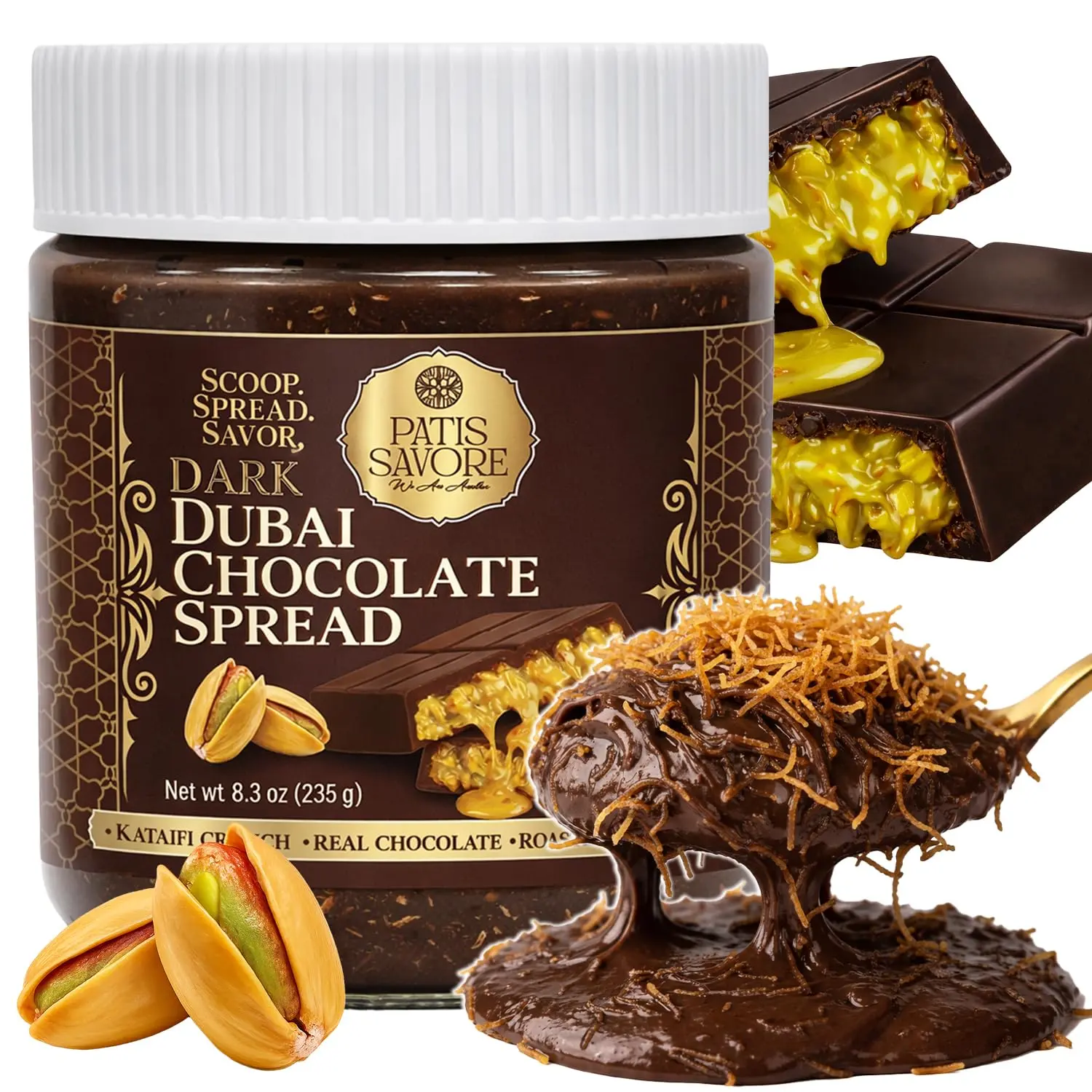 Dubai Dark Chocolate Spread with Pistachio Cream & Crispy Kataifi 8.3 oz, Middle Eastern Style Gourmet Chocolate Dessert Spread
