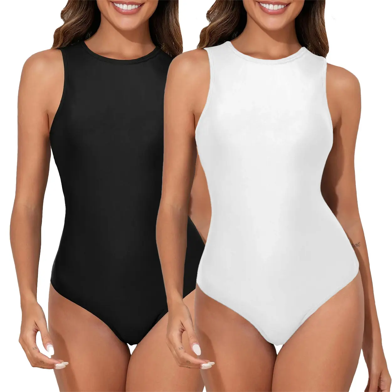 2 Pack Women High Neck Sleeveless Bodysuits, Stretch Slim Fit Tank Body Suits Basic Daily Layering Yoga Workout Tops