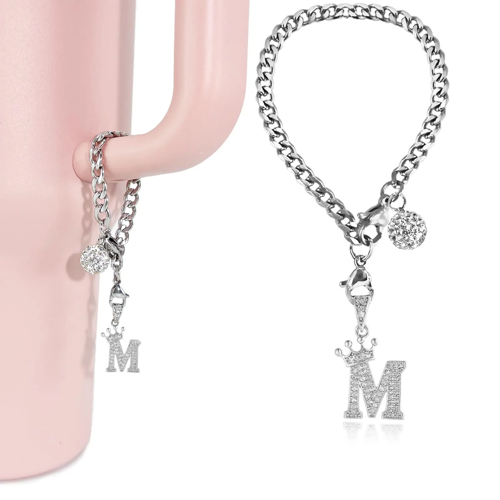 Letter Charms For Cup- Crown Accessories Handle 40oz Tumblers Water Bottle Cup Initial Keychain With Glitter Personalized Decorations M