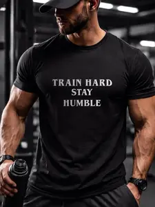 Men's Athletic Fit Gym T-Shirt, Active T Shirts - "TRAIN HARD STAY HUMBLE" Motivational Workout Tee, Slim Fit Crew Neck Fitness Shirt for Gym, Weightlifting, CrossFit & Casual Street Style, Inspirational Gym Clothes for Men