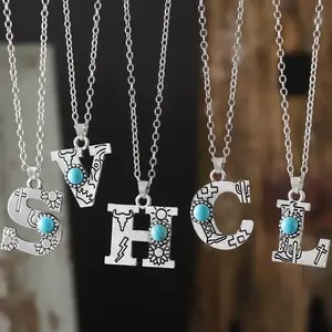 1pc Bohemian Western Style A-Z Letter Pendant Necklace with Turquoise Inlay, Sunflower Bullhead Patterned Charms, Vintage Jewelry Gift for Women Couple Fit Daily Wear
