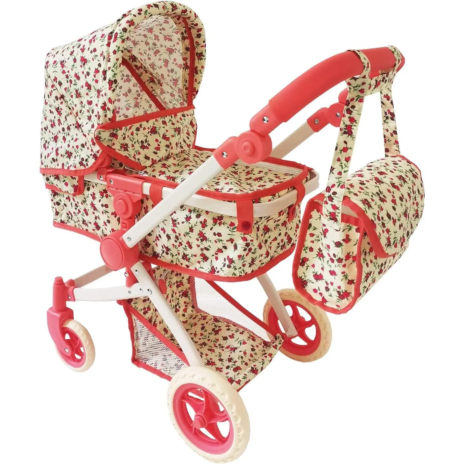 Convertible Combo Baby Doll Stroller for 3 Year Old Girls & Up |   Play Toy Baby Stroller for Dolls, Folding Adjustable Bassinet Carriage Buggy with Storage Basket Converts to Sit Up Pushcart Pram, Red