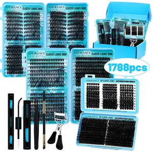 ADORANCE 1788PCS Cluster Lashes Book Kit D Curl Lash Extensions with Bond & Seal, Remover, Lash Curler, Tweezers & Brush Beginner-Friendly & Easy to Use – Simple step-by-step application, no professional skills needed, great for lash extension beginners.