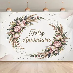 1pc 2D Flat Romantic Spanish Anniversary Backdrop Banner - "feliz Aniversario" Floral Pink Roses & Green Leaves, Polyester Fabric Indoor/Outdoor Decor, Photo Studio Props