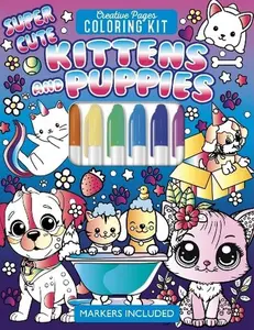 Cute Coloring Book Set - Hardcover Kittens and Puppies Themed Children's Art Activity Book with Included Markers for Kids