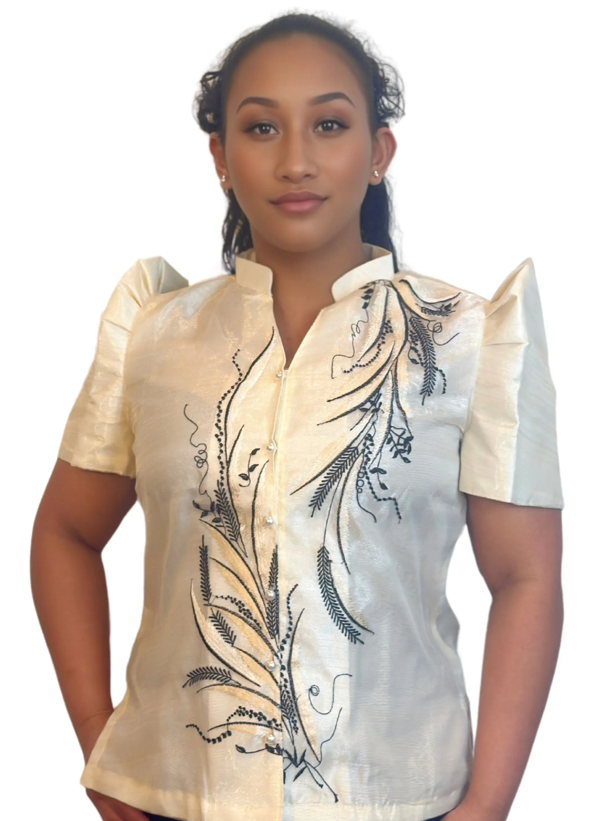 Handmade Kapamilya Modern Blouse Flowy Floral Button-Up Long Sleeve Filipiniana Dress for Women with Butterfly Sleeve & Hand-Embroidered Details