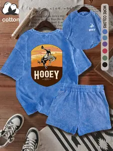 Western cowboy style HOOEY women's suit printed pattern, cotton round neck outdoor sports, street Y2K women's short-sleeved shorts washed old style casual fitted two-piece suit, women's clothing