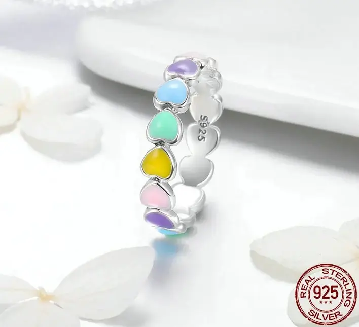 Genuine 925 Sterling Silver Rainbow Heart Enamel Ring