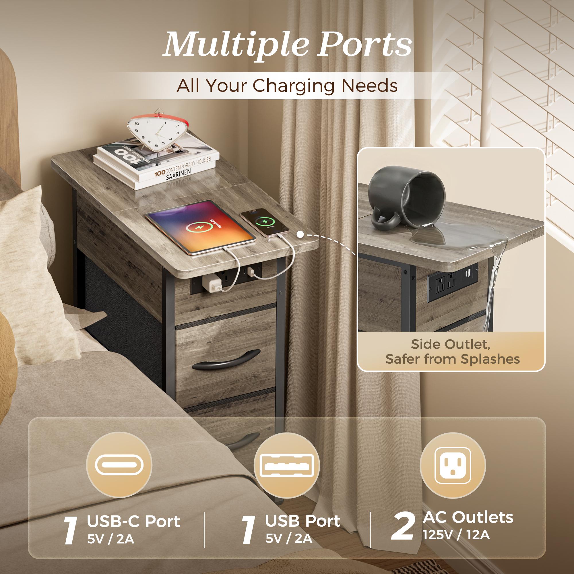Huuger Narrow End Table with Charging Station, Flip Top Side Table with 2 Fabric Drawers, Slim Night Stand with USB-C Port for Small Spaces, Nightstand Bedside Couch Table, Living Room Huuger Narrow End Table with Charging Station, Flip Top Side Table with 2 Fabric Drawers, Slim Night Stand with USB-C Port for Small Spaces, Nightstand Bedside Couch Table, Living Room