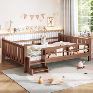 Queen Size Floor Bed with Storage Bookcases, Solid Wood Kids Floor Bed with Cute Stairs and Guardrails, No Box Spring Needed, Natural
