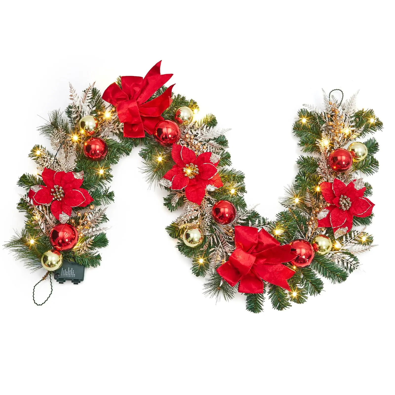 Garvee Christmas Garland with Lights, 6-Foot Prelit Christmas Garland for Mantel with Timer, 20 LED Lights, Red and Gold Ball Ornaments, Velvet Bows, Christmas Garlands for Fireplace