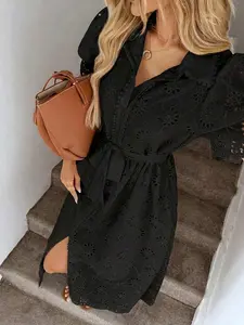 Easowa Women's Casual Embroidered Collar Cardigan Floral Trim Dress Black Eyelet Dress Black Boho Dress Black Vacation Dress Black Dress Women Elegant Outfits Women's Dress Eyelet Dress For Women With Sleeve Winter Dress Outfit For Women Women's Holiday C