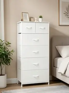 Tall Narrow Storage Dresser with 6 Fabric Drawers, Multi-Purpose Storage Tower for Bedrooms, Entryways and Hallways, Features Sturdy Steel Frame, Wood Top and Wooden Pull Handles, Space-Saving Organizer Unit for Closet and Home Storage, Beige