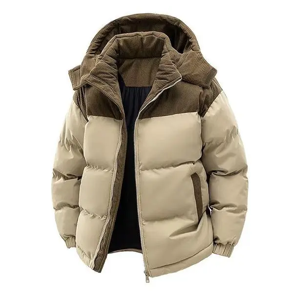 Men’s corduroy color-block hooded cotton jacket — thick, warm, cold-resistant outerwear suitable for commuting, shopping, and outdoor activities