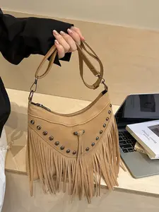 Boho Style Crossbody Bag with Tassel Design, Vintage Rivet Shoulder Bag, Casual All-Season Accessory, Unique Fashion Statement, Casual Trendy Purse
