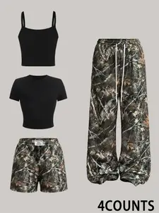 Camouflage four piece set - Womenswear, street style camisole vest and short sleeved top paired with camouflage high waisted wide leg shorts and pants, perfectly matching Y2K aesthetics, suitable for daily leisure and urban exploration # Diverse outfits