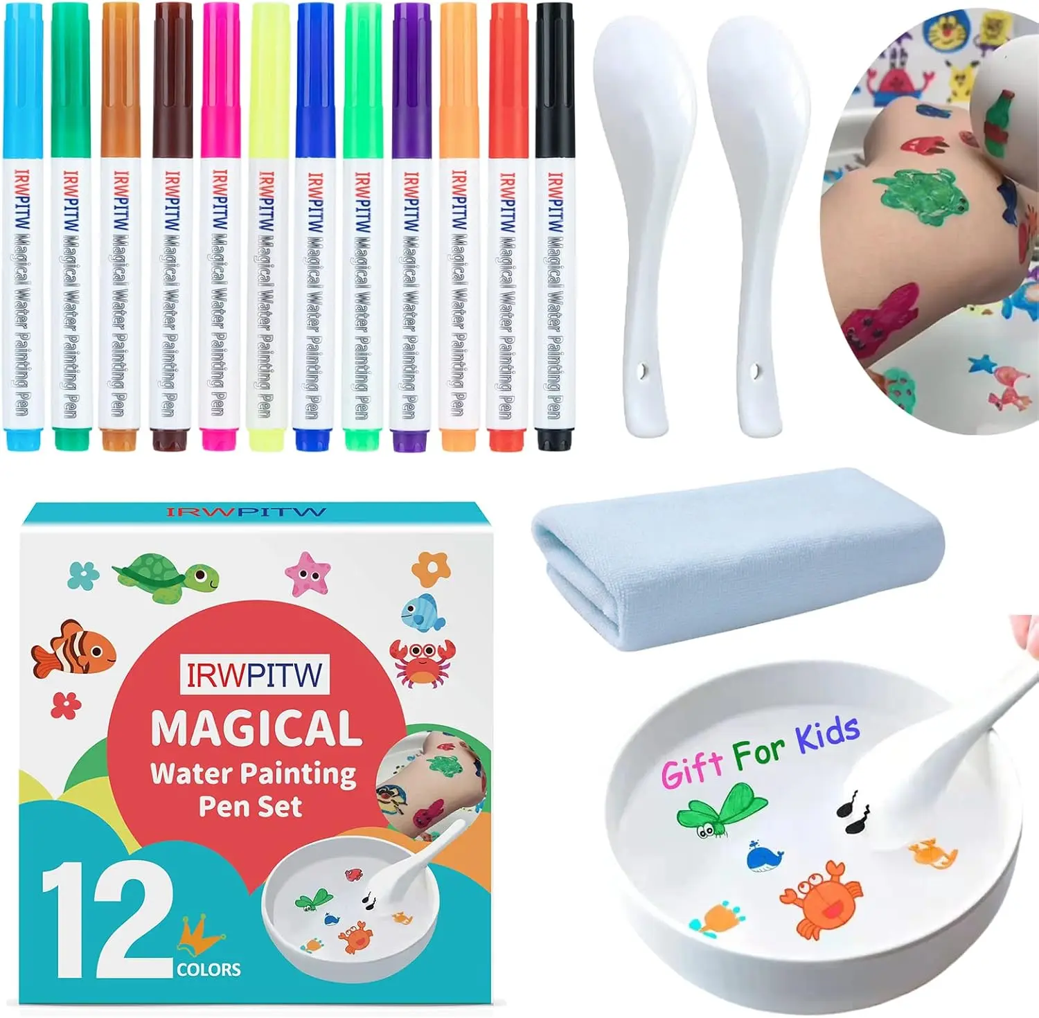 IRWPITW Magic Drawing Pen Bundle - （8-12）-Color Magical Water Painting Pens for Kids, Floating Ink Drawing Set with Spoons, Towel, Indoor Recreation Tattoo Water Marker Gifts