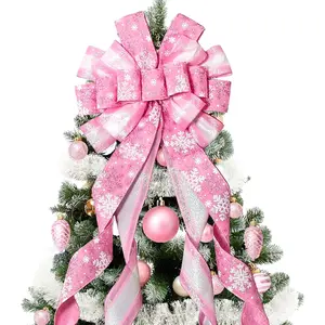 52 * 13 inches Large Christmas Tree Topper Wreath Bow with Snowflake Pattern for Xmas Tree Home Indoor Outdoor Decoration Pink