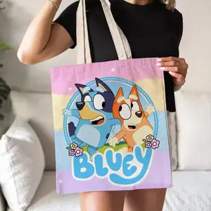 Cartoon B-Bluey Classic Cute Storage Bags Canvas Double-Sided Print Tote Bag Large Capacity Shoulder Students Festive Fashion Eco Outdoor Picnic Travel High Quality Shopping Handbag Machine Washable Foldable Reusable