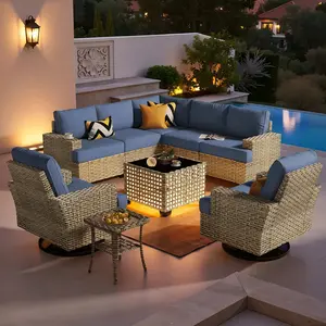 Ovios Patio Furniture Set 9-Piece Outdoor Wicker Rattan Sectional Sofa with Cushions, Rocking Swivel Chairs & LED Coffee Table, All-Weather Conversation Set for Backyard Garden Deck Patio Porch Lawn